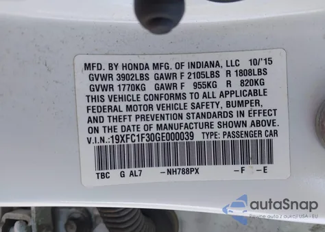 2016 Honda Civic Ex-T z USA, uszkodzony, nr VIN 19XFC1F30GE000039